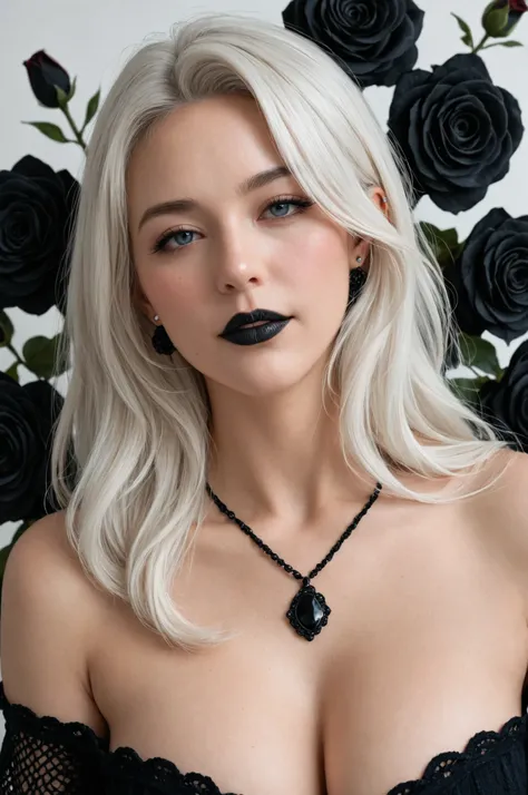 1girl, solo, mature female, Off-shoulder cat knit, looking at viewer, (falling black petals), perfect composition, detailed lips, beautiful face, piercings, blush, (black lips), long hair, white hair, one white ye the other blue, devious gaze, realistic, d...