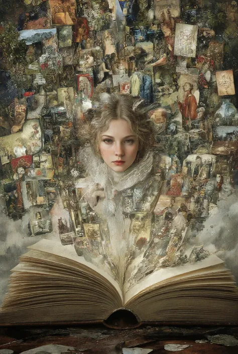 a girl opening a book, countless fantastical stories emerging from the pages, floating scenes of fantasy, history, romance, science, past and future, surreal elements, otherworldly visions, dense composition, highly detailed, complex art, intricate illustr...