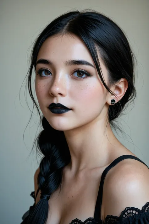 8k, photorealistic, ultra details, colorful, stunning woman,black hair, dark eyes, gothic colors, detailed_face, long_hair, braids, freckles, makeup eyeliner ,black lipstick, bright detailed eyes, eye level, portrait, soft light , goth girl, cleavage