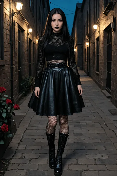 moody masterpiece, goth girl with long black hair and brown eyes, black lipstick, long lashes, mesh top, fishnet stockings, black leather belt, Tall gothic style boots,night. dimly lit setting, photo-realistic, masterpiece, best quality, UHD, rose