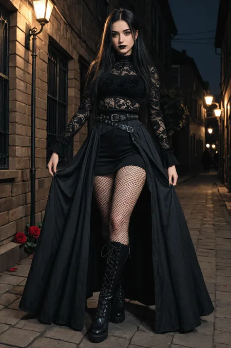 moody masterpiece, goth girl with long black hair and brown eyes, black lipstick, long lashes, mesh top, fishnet stockings, black leather belt, Tall gothic style boots,night. dimly lit setting, photo-realistic, masterpiece, best quality, UHD, rose