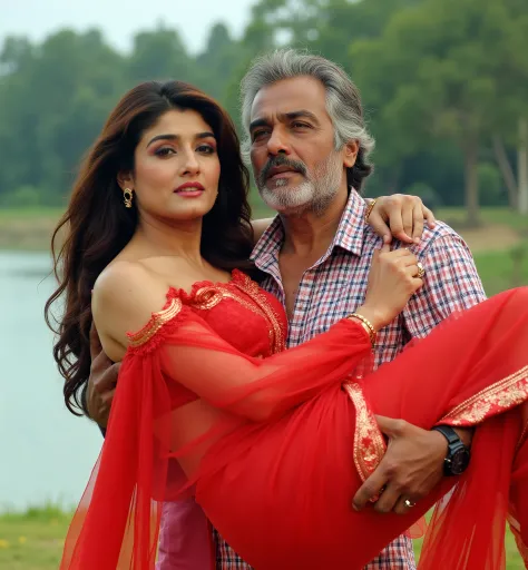 In a vibrant outdoor setting, a 60 year old man carries a sexy 25 year old woman raveena tandon (raveenflx) in his arms. raveena is dressed in a  hot  designer sheer red saree, which drapes elegantly around her. Her hair cascades in soft waves down her sho...