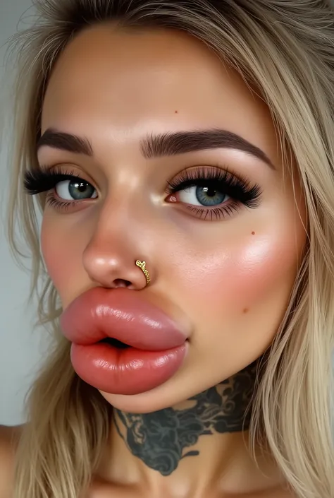 Beautiful young woman with delicate, realistic facial proportions. Wearing nose ring. Heart-shaped face with slightly rounded jawline and soft feminine features. Smooth, fair skin with a few natural freckles across the cheeks and nose. Medium-high cheekbon...