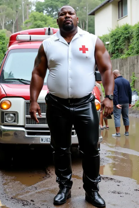 A huge muscular black man, 39 years old, 180 pounds, tall, giant arms with massive muscles, wearing a white uniform shirt made of latex with red crosses on the sleeves, short sleeve, wearing black uniform pants made of shiny rubber, he stands next to an am...