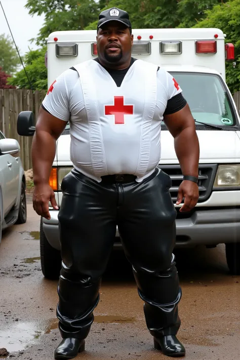 A huge muscular black man, 39 years old, 180 pounds, tall, giant arms with massive muscles, wearing a white uniform shirt made of latex with red crosses on the sleeves, short sleeve, wearing black uniform pants made of shiny rubber, he stands next to an am...