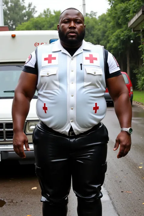 A huge muscular black man, 39 years old, 180 pounds, tall, giant arms with massive muscles, wearing a white uniform shirt made of latex with red crosses on the sleeves, short sleeve, wearing black uniform pants made of shiny rubber, he stands next to an am...