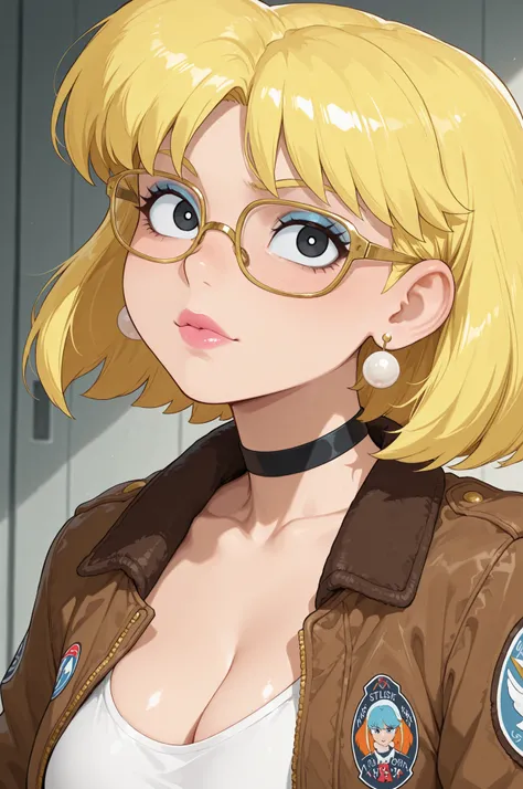 Lori Loud . medium breasts , huge hips , blonde hair , black eyes , blue eyeshadow , pink lips, pearl earrings , white earrings . choker . | best quality, amazing quality, masterpiece, anime, 1girl, portrait, close-up, stylish glasses, gold glasses, bomber...