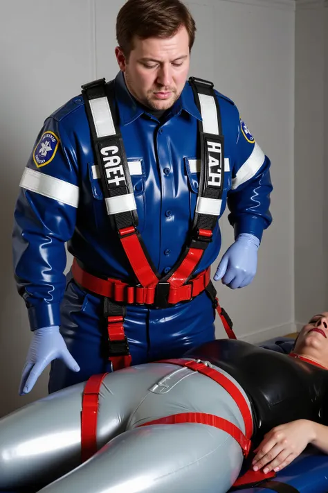 A man wearing a paramedic uniform made of shiny latex that is blue and black, standing above a woman wearing black latex shirt and silver latex pants laying on a stretcher, the man has a red leather belt held tightly around the woman’s neck, the woman’s ar...