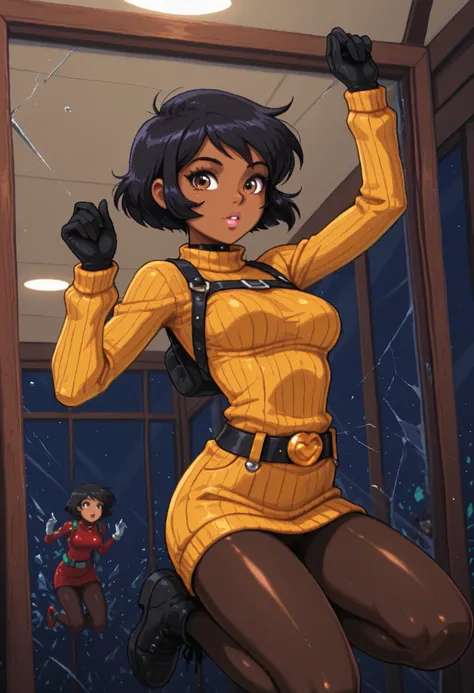  totally_spies_2k24 alex, black hair, short hair, brown eyes, dark-skinned female, pink lips, medium breasts, choker. | masterpiece, best quality, adasweater, sweater, turtleneck, harness, pantyhose, gloves, belt, knees up, (jumping:1.5), window,  broken g...