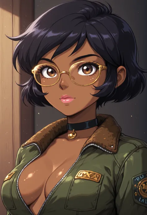  totally_spies_2k24 alex, black hair, short hair, brown eyes, dark-skinned female, pink lips, medium breasts, choker. | best quality, amazing quality, masterpiece, anime, 1girl, portrait, close-up, stylish glasses, gold glasses, bomber jacket