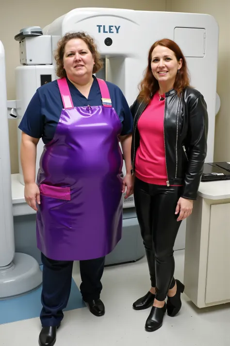 A 220 pound woman wearing a shining purple and pink lead apron, standing inside of a hospital radiology room, next to a thin tall read headed woman wearing a black motorcycle jacket made of heavy polished leather with black pants made of thick polished lea...