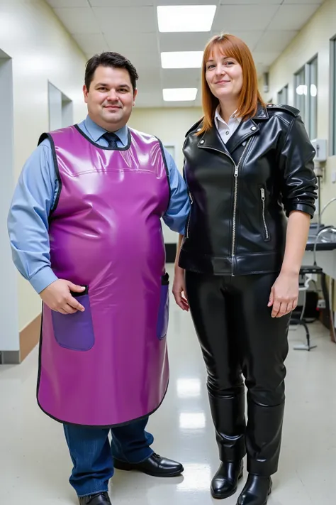 A 220 pound woman wearing a shining purple and pink lead apron, standing inside of a hospital radiology room, next to a thin tall read headed woman wearing a black motorcycle jacket made of heavy polished leather with black pants made of thick polished lea...