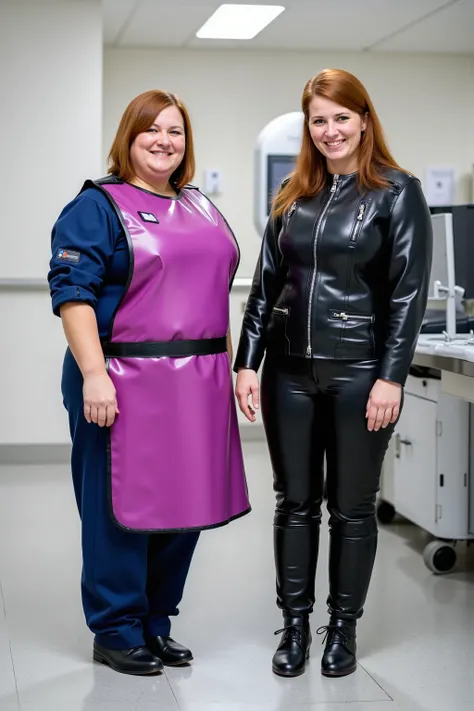 A 220 pound woman wearing a shining purple and pink lead apron, standing inside of a hospital radiology room, next to a thin tall read headed woman wearing a black motorcycle jacket made of heavy polished leather with black pants made of thick polished lea...