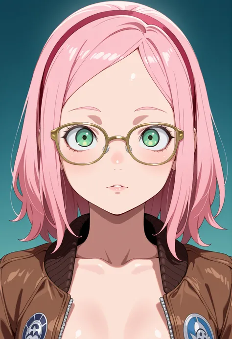 Sakura Haruno. small breasts, huge hips, pink hair, medium hair, light green eyes, thin lips, very fair skin, big forehead.| best quality, amazing quality, masterpiece, anime, 1girl, portrait, close-up, stylish glasses, gold glasses, bomber jacket
