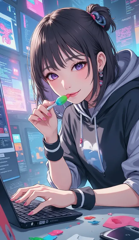 (Sweet Hacker:1.5), (A hacker hacking a network while chewing on candy:1.5)