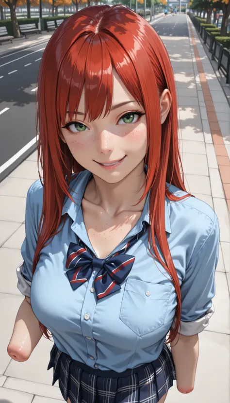 beautiful high school girl dressed in blue shirt with rolled sleeves walking on a shiny street, girl, cute, sassy, smile, green eyes, (freckles), redhead, ((long straight red hair)), ((light blue shirt)), (amputee), armless, ((collarbone)), (breast pocket)...
