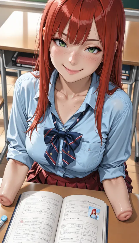 beautiful girl dressed in blue shirt with rolled sleeves and skirt studying in the shiny classroom, girl, cute, sassy, smile, green eyes, (freckles), redhead, ((long straight red hair)), ((light blue button down shirt)), (amputee), (((arm stumps))), ((coll...