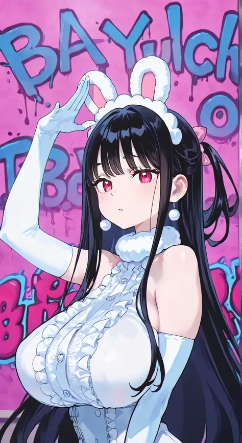 1 Girl, , Bright Skin, girl's hair, Bang, , , Highest Quality, Graffiti Background, high resolution, upper body, Sanrio costume, Pose, short stack, dynamic angle,、long gloves、big boobs、mature woman、are erotic、close one eye