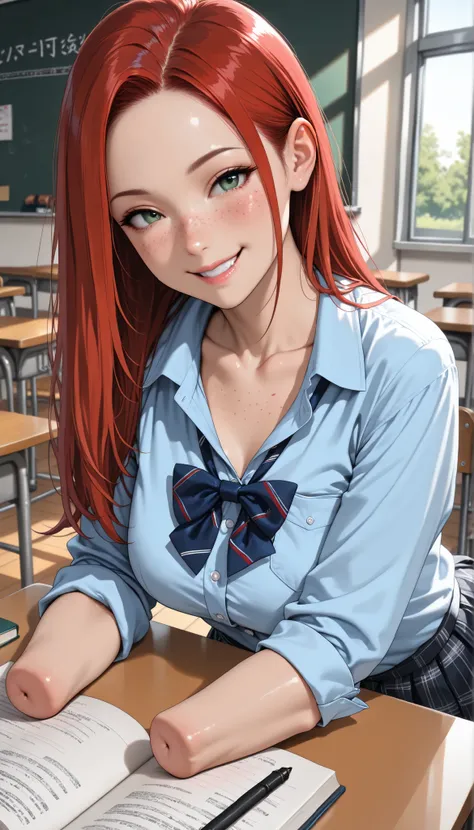 beautiful girl dressed in blue shirt with rolled sleeves and skirt studying in the shiny classroom, girl, cute, sassy, smile, green eyes, (freckles), redhead, ((long straight red hair)), ((light blue button down shirt)), (amputee), (((arm stumps))), ((coll...