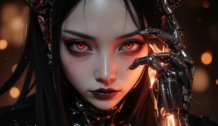 Konzept: (Nahaufnahme) Hyperrealistic portrait of a beautiful cyborg demon, Dimming lights and floating metallic sparks. a mixture of sensuality, Dunkelheit, und Mechanik.
Charakter: 1 girl, Hyperrealistic portrait of a beautiful cyborg demon. the metalli...