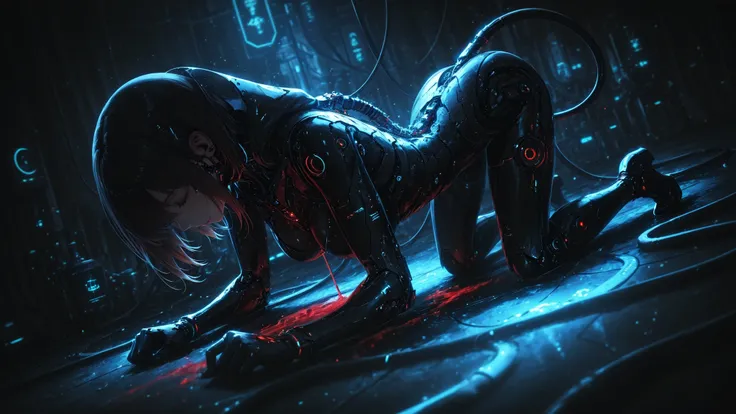 A cyborg girl immersed in nutrient solution , During the incision surgery, the internal structures are exposed , A mechanized human body powered by future cutting-edge technology, a carbon nanotube skeleton, an automated artificial heart, tubes circulating...