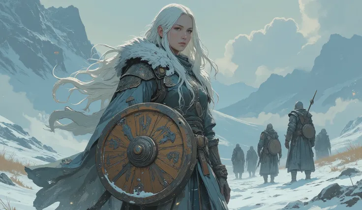 A tall Viking shield-bearer with long ones fluttering hair, standing proudly on the snow-covered icy battlefield. She holds a round wooden shield with Nordic carvings, dressed in light fur and leather armor, despite the freezing cold. Her beauty is as cold...