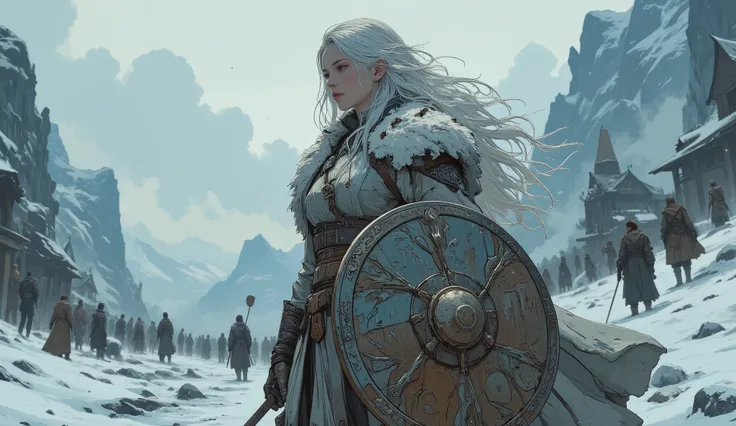 A tall Viking shield-bearer with long ones fluttering hair, standing proudly on the snow-covered icy battlefield. She holds a round wooden shield with Nordic carvings, dressed in light fur and leather armor, despite the freezing cold. Her beauty is as cold...