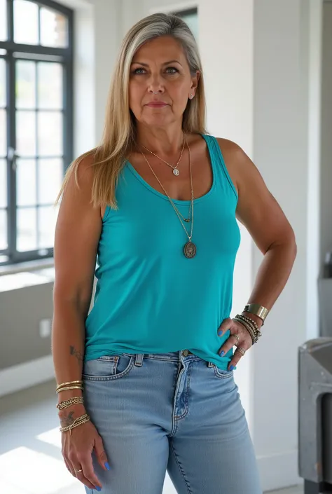 Ultra-realistic full-body portrait of a mature European woman in her late 50s, standing confidently in a bright modern loft with wide glass windows and soft natural daylight. She has a naturally mature, slightly more curvy and stout body — soft, full curve...