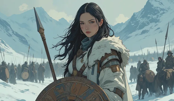 A tall Viking shield-bearer with long ones fluttering hair, standing proudly on the snow-covered icy battlefield. She holds a round wooden shield with Nordic carvings, dressed in light fur and leather armor, despite the freezing cold. Her beauty is as cold...