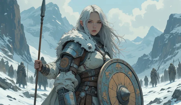 A tall Viking shield-bearer with long ones fluttering hair, standing proudly on the snow-covered icy battlefield. She holds a round wooden shield with Nordic carvings, dressed in light fur and leather armor, despite the freezing cold. Her beauty is as cold...