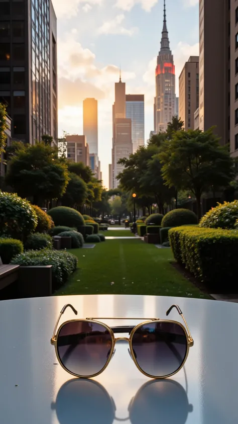 high-definition images、家の庭のテーブルに(gold-rimmed sunglasses)is placed in front of it、I can see the skyscrapers of New York illuminated by the rising sun on my garden table