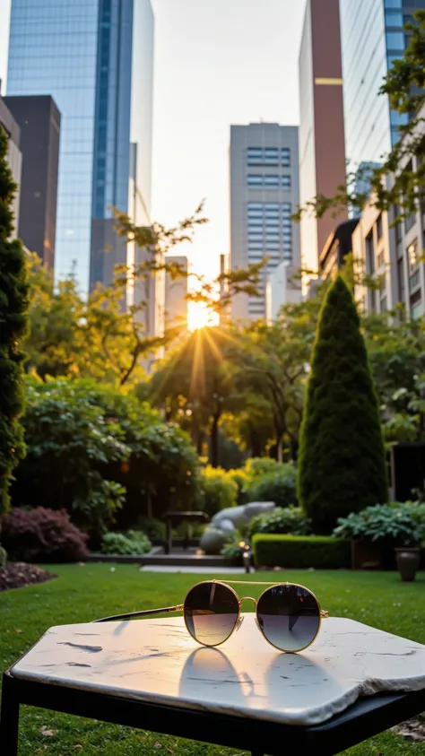 high-definition images、家の庭のテーブルに(gold-rimmed sunglasses)is placed in front of it、I can see the skyscrapers of New York illuminated by the rising sun on my garden table