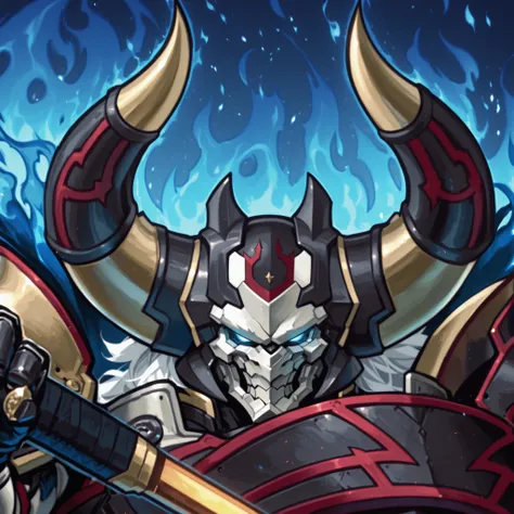 masterpiece, better quality, incredible quality, hyper-detailed, armored character, male character, blue flames in the background, white hair,