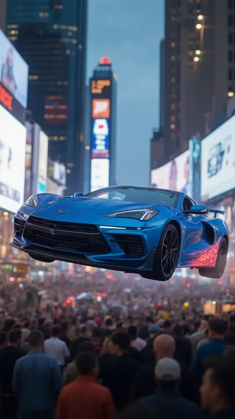 high-definition images、The newest blue Corvette Stingray is driving through the air at Times Square in New York、people々Looking up 