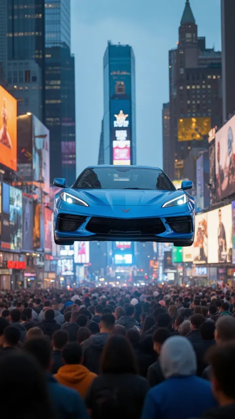 high-definition images、The newest blue Corvette Stingray is driving through the air at Times Square in New York、people々Looking up 