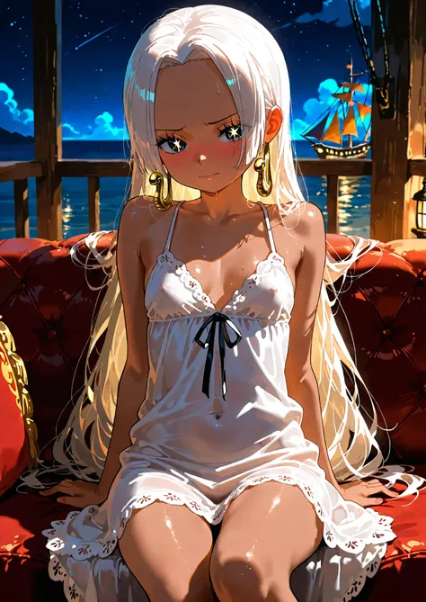 1girl, solo, s-snake, boa hancock, one piece, young loli, (dark skin:1.2), white hair, yellow star shaped eyes, plain white dress, shy, blushing, sitting on a couch, naturally sagging small breasts, seductive, sexy pose, alluring atmosphere, pirate ship ca...