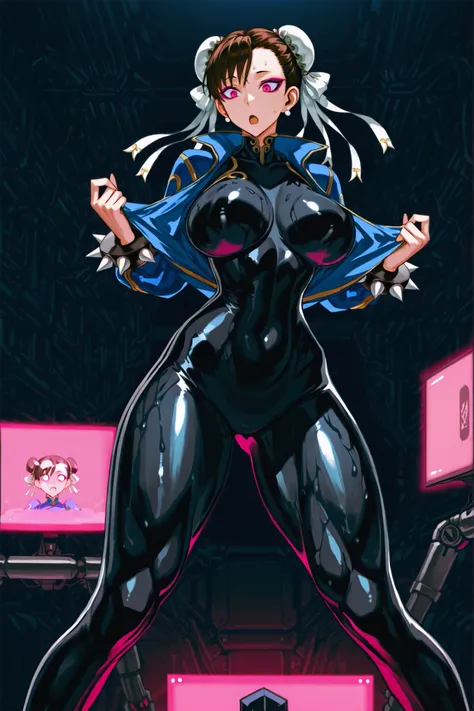 Chun-Li. Brown hair. Mechanical black chignon cap. Glowing pink eyes. Villain eyeshadow. Purple eyeshadow. Surprised expression. Glossy. Black latex bodysuit. Blue jacket. Open front. Slime body. Big breasts. Slender body. Large waist. Massive legs. Detail...