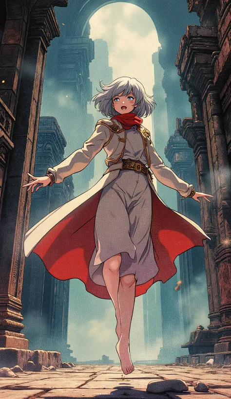 masterpiece, best quality, ultra-detailed, exquisite mature anime illustration, fantasy realism. A petite young girl with short gray hair, fair skin, and luminous bright eyes, captured with a joyful, innocent expression and a cheerful, open-mouthed smile. ...