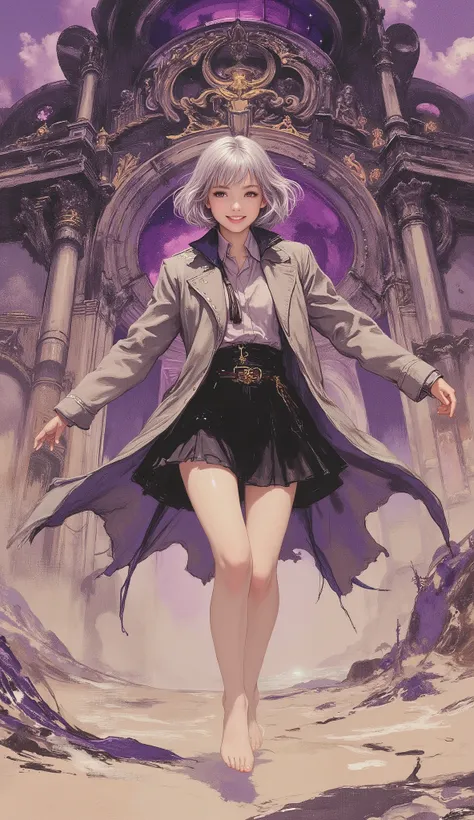 masterpiece, best quality, exquisite mature anime illustration, fantasy realism, rich and bright vibrant colors, dramatic camera angle, (1girl), a petite young girl with short gray hair, fair skin, and bright eyes, cheerful smile, joyful expression, innoce...