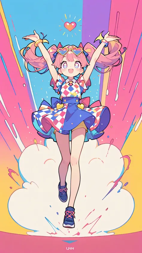 Cute girl, full body, long hair, twin tails, checkered outfit, wearing heart-shaped glasses with gold rims, jumping, colorful, vibrant, playful, pop and cute, (beautiful background:1.2), (perfect details:1.1), (highly detailed CG), (beautiful detailed eyes...