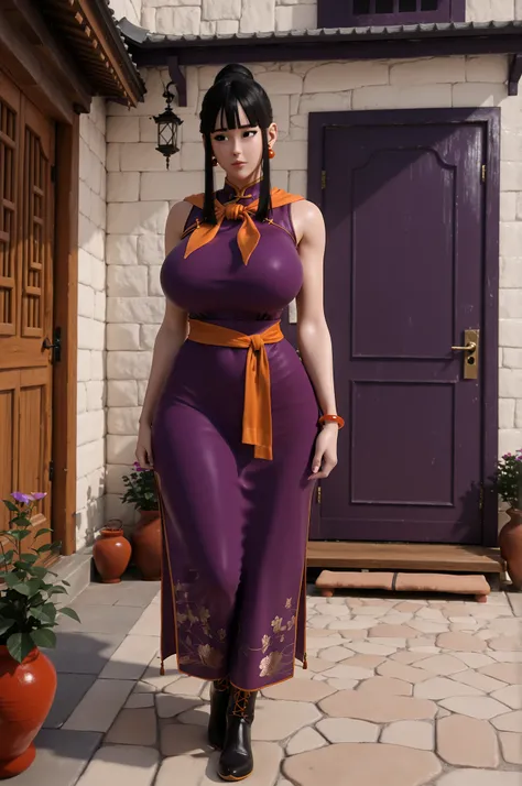 masterpiece, best quality, perfect quality, absurdres, highres, newest, absolutely eye-catching, intricate, highly detailed, detailed background, highly detailed face, detailed eyes, 1girl, curvy, plump, ch1ch1-dmx, hair bun, black hair, bangs, sidelocks, ...