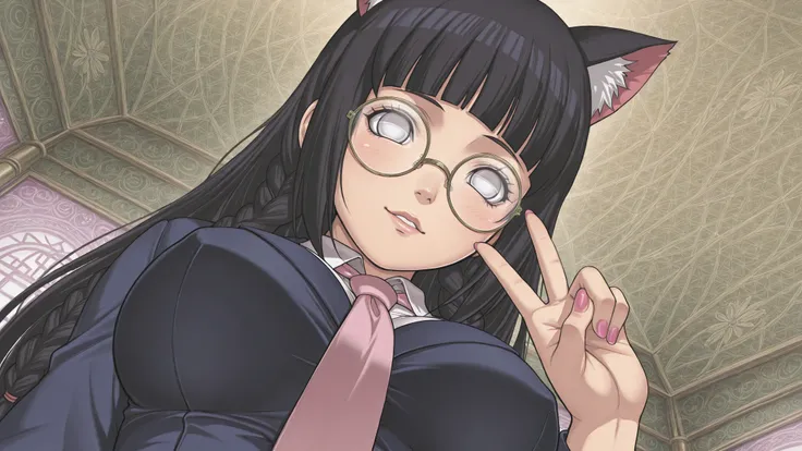 Hinata Hyuuga \(Naruto serie\) featuring a cheerful young woman with long, dark black hair styled in two braids with cat ears, wearing gold-rimmed glasses and a blue blazer with a pink tie. she has a playful expression and is making a peace sign with her r...
