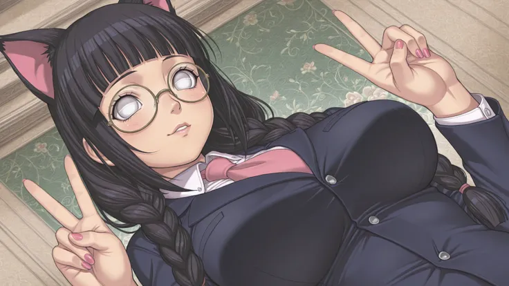 Hinata Hyuuga \(Naruto serie\) featuring a cheerful young woman with long, dark black hair styled in two braids with cat ears, wearing gold-rimmed glasses and a blue blazer with a pink tie. she has a playful expression and is making a peace sign with her r...