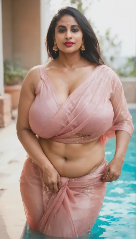 1woman, solo, mature, simple look, no jewellery, Indian woman,huge breast, thick wide hips, thick wide thighs, thick muscular thighs, exposed thighs, oily skin, shiny skin, black saree, realistic skin, chubby hips, wide curvy hips, voluptuous body, Curvy b...