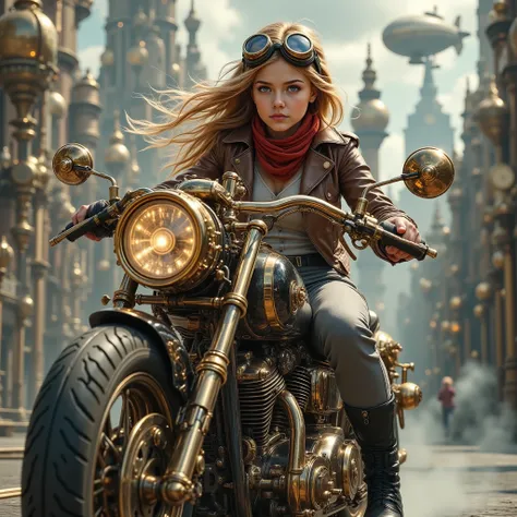 ((maximum quality , photorealism ,16 render ,UHD,HDR color,sci-fi),steampunk стиль) close-up of a girl with blond hair blowing in the wind ,в очках в стиле steampunk( with the advantage of mechanical goggles ), rides a steam bike ( a motorcycle powered by...