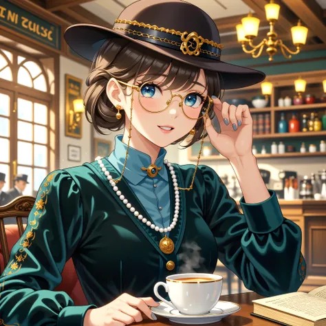 (masterpiece, best quality, ultra-detailed, photorealistic:1.3), (a captivating young woman:1.2) in a bustling, softly lit Parisian cafe, 1920s jazz era, wearing (delicate, ornate gold-rimmed spectacles:1.5) that perfectly frame her intelligent, slightly m...