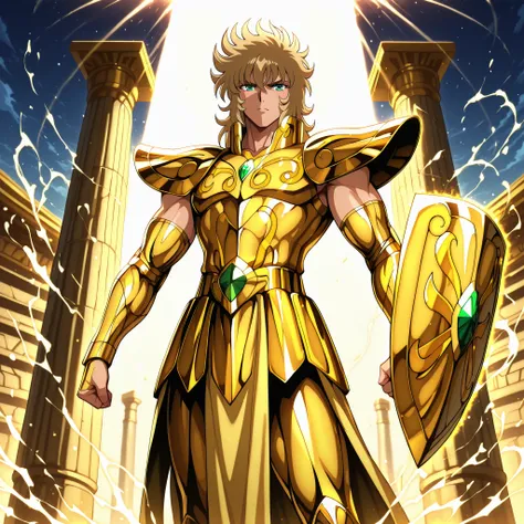 Highly detailed anime-style fantasy illustration with vibrant lighting and divine atmosphere. Aiolia  stands proudly wearing the Gold Cloth of Libra, inspired by Saint Seiya. His build is athletic and lean, not overly muscular. He has messy blond hair, int...