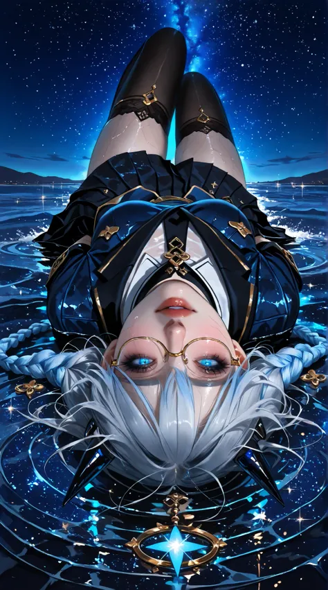 (1girl, solo, adult, mature), (detailed face, perfect eyes, ultra-detailed eyes, high detail face, sharp facial features), (a beautiful girl with blue braided hair lying on the water surface under the night sky:1.3), (lazy pose:1.4, lying, on back, full bo...