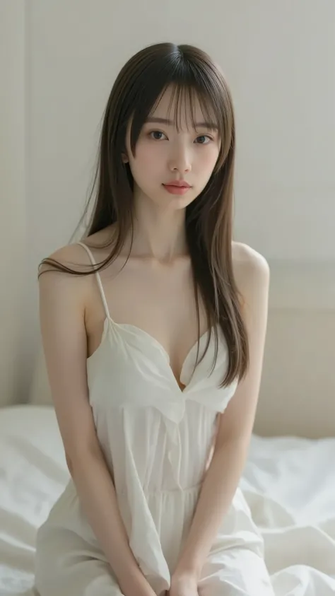 1girl, wearing a tank top with thin straps, Original photo, Highest Quality, very detailed, super detailed, high resolution, slim body, long hair, Natural Breasts, sitting on bed, A fair-skinned Japanese girl.