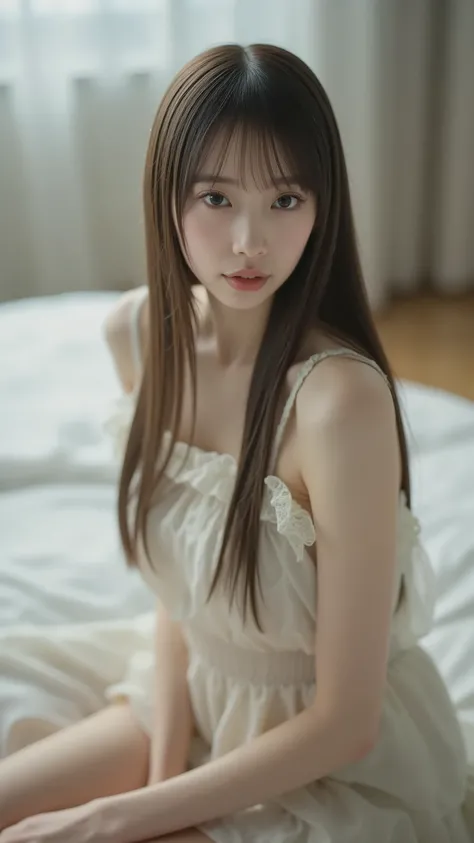 1girl, wearing a tank top with thin straps, Original photo, Highest Quality, very detailed, super detailed, high resolution, slim body, long hair, big boobs, I like sitting in bed, A fair-skinned Japanese girl.